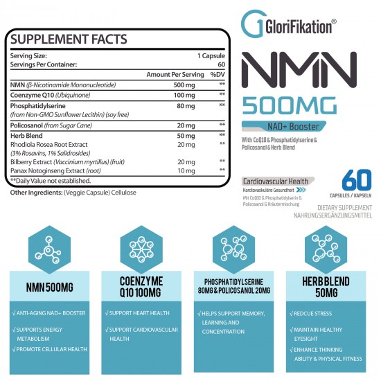 Glorifikation NMN Capsules with Maximum Strength 500mg Per Serving, 60 Capsules