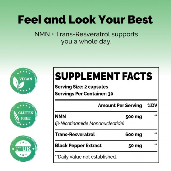 Azaroe Ultra Purity NMN + Trans-Resveratrol 1100mg 60 Capsules